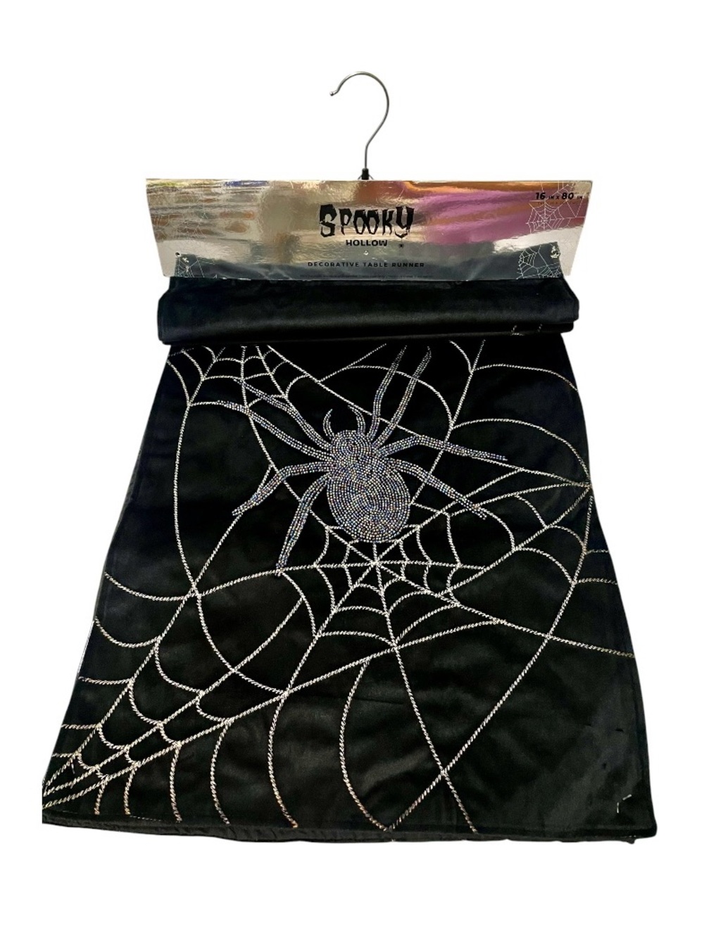Spooky Hollow Halloween Spider Web Beaded Table Runner 16" x 80"